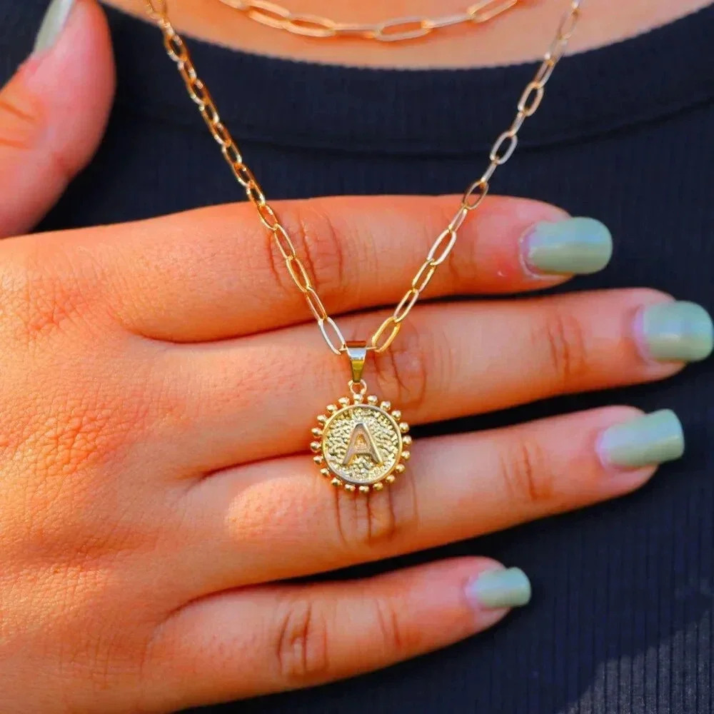 2 LAYER GOLD LETTER INITIAL COIN ROUND/CIRCLE PENDANT DAINTY NECKLACE, ELDM22154 - Picture 9 of 14